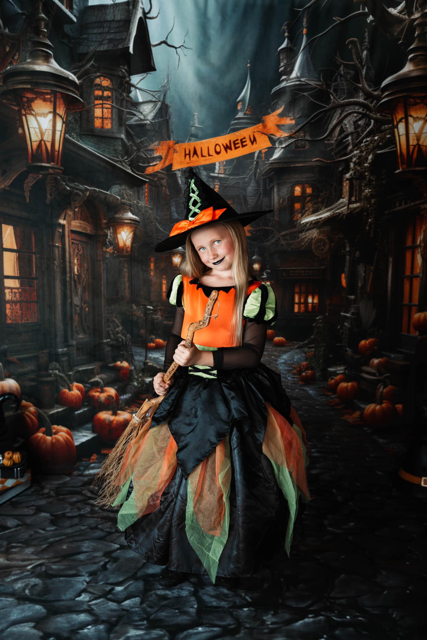 Kate Halloween Pumpkin Street Backdrop+Brown Stone Floor Backdrop