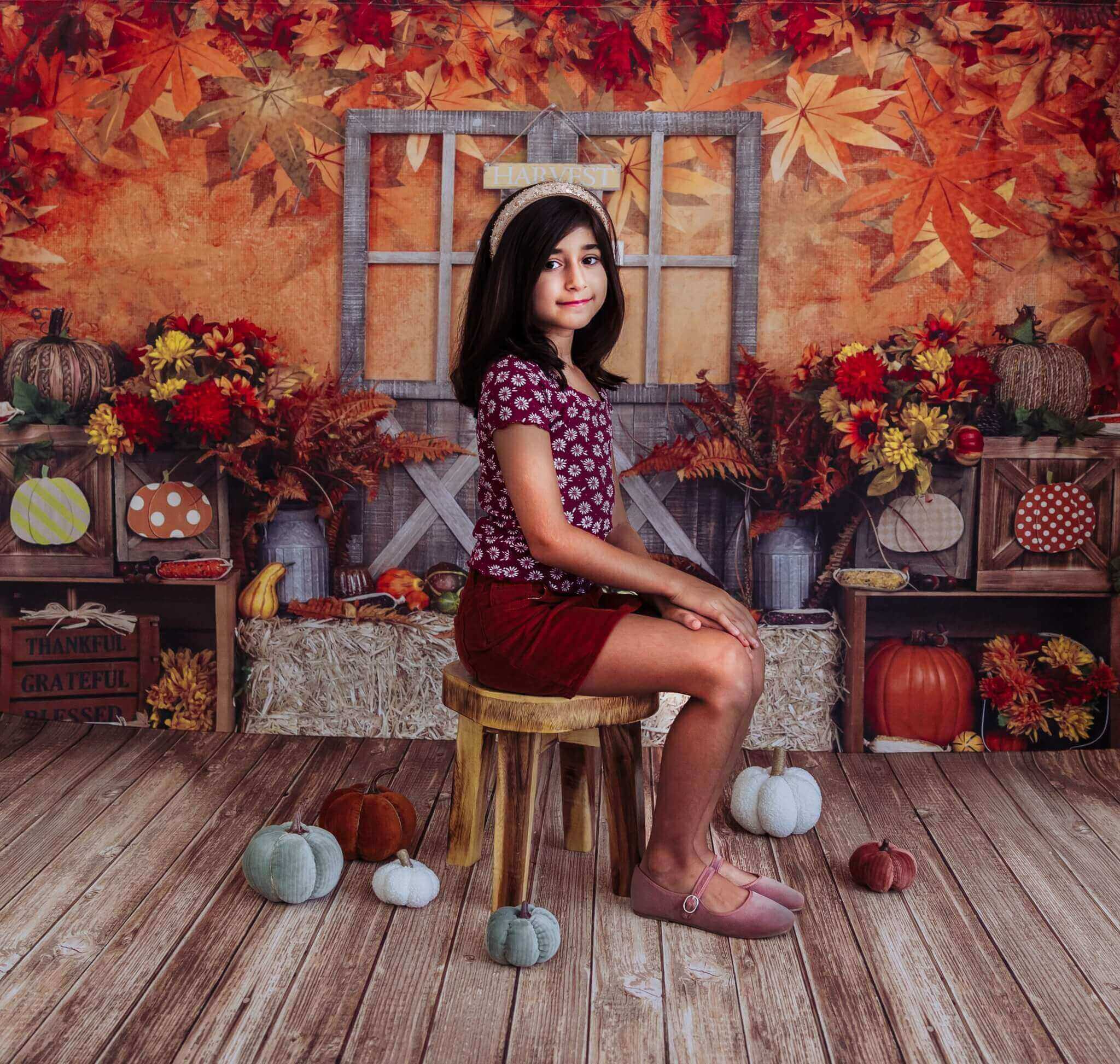 Kate Autumn Leaves with Pumpkins Thanksgiving Backdrop