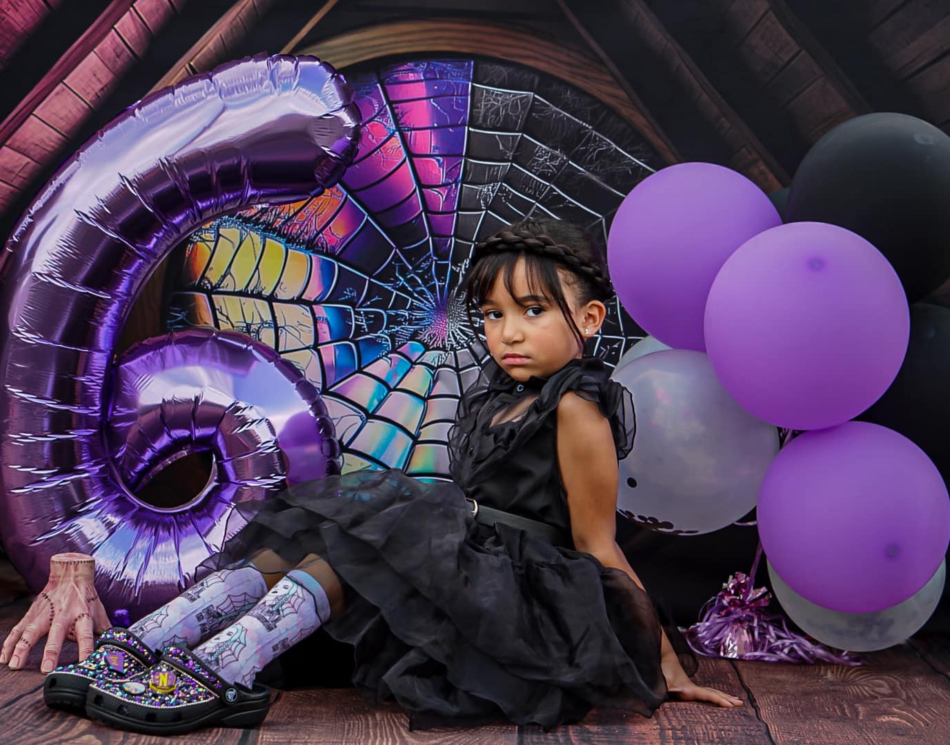 Kate Spooky Halloween Backdrop Attic Dorm Room Colorful Spiderweb Window Designed by Mini MakeBelieve