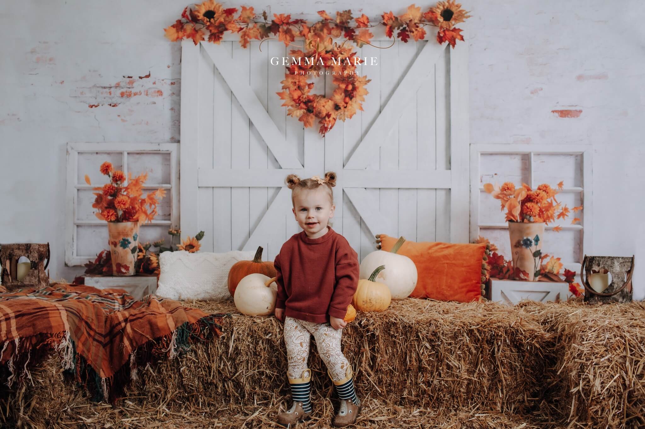 Kate Autumn Pumpkin Backdrop White Barn Door Fallen leaves Designed by Emetselch