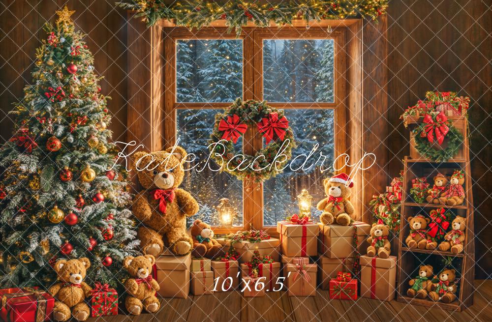 Kate Christmas Tree Teddy Bears Window Fleece Backdrop Designed by Emetselch - Kate Backdrop AU