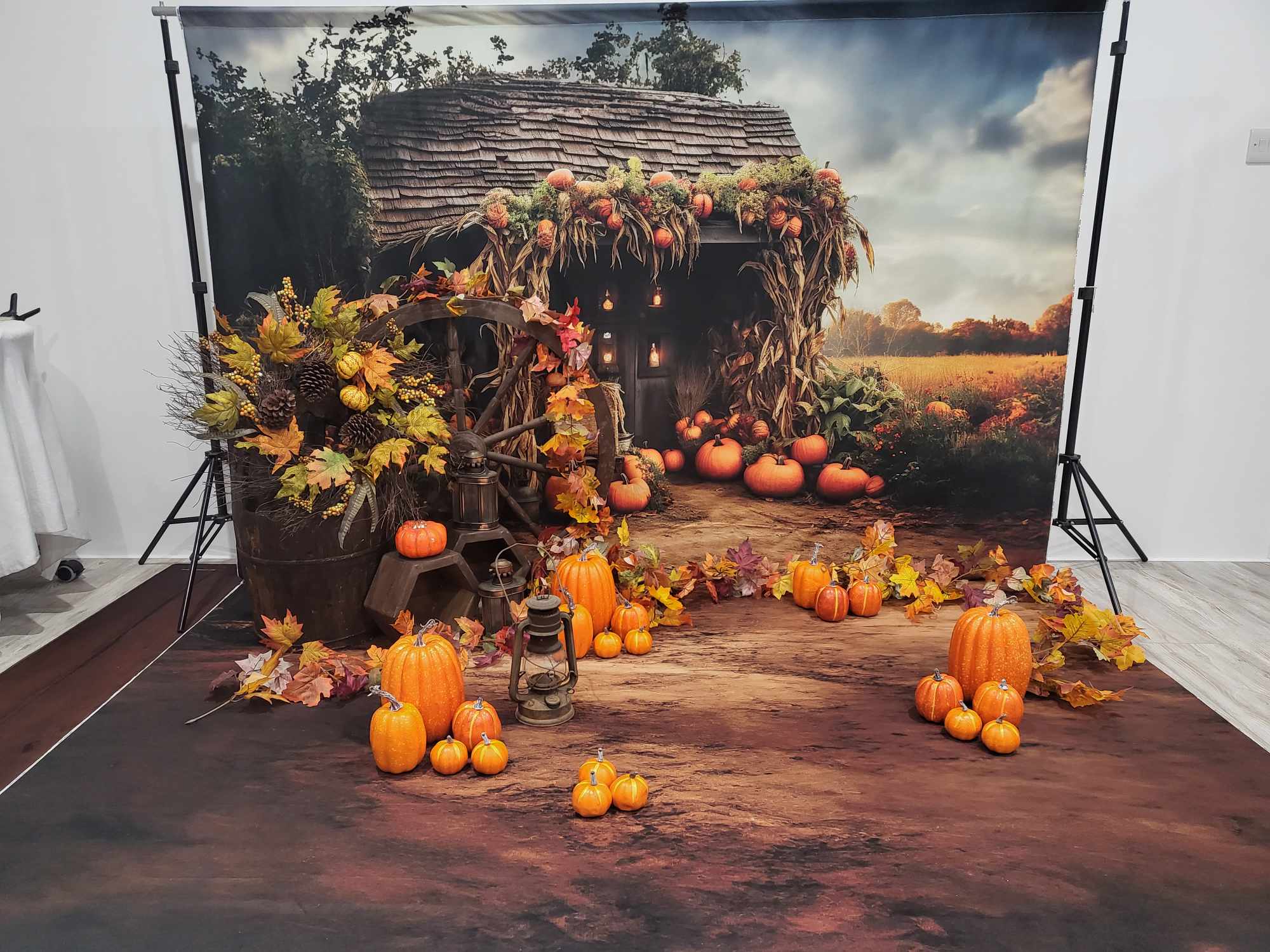 Kate Autumn Field Pumpkin Old House Backdrop+Soil Floor Backdrop for Photography