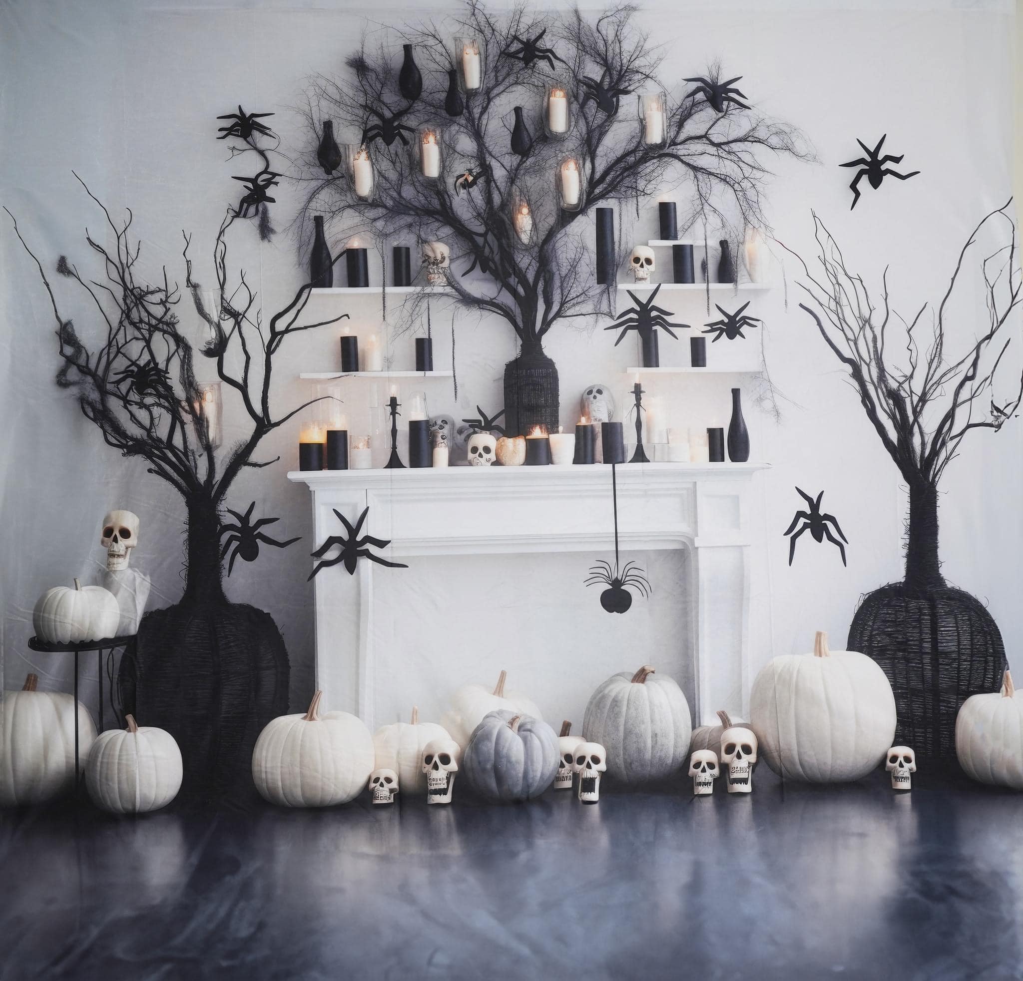 Kate Black & White Halloween Fireplace Backdrop Designed by Lidia Redekopp - Kate Backdrop AU