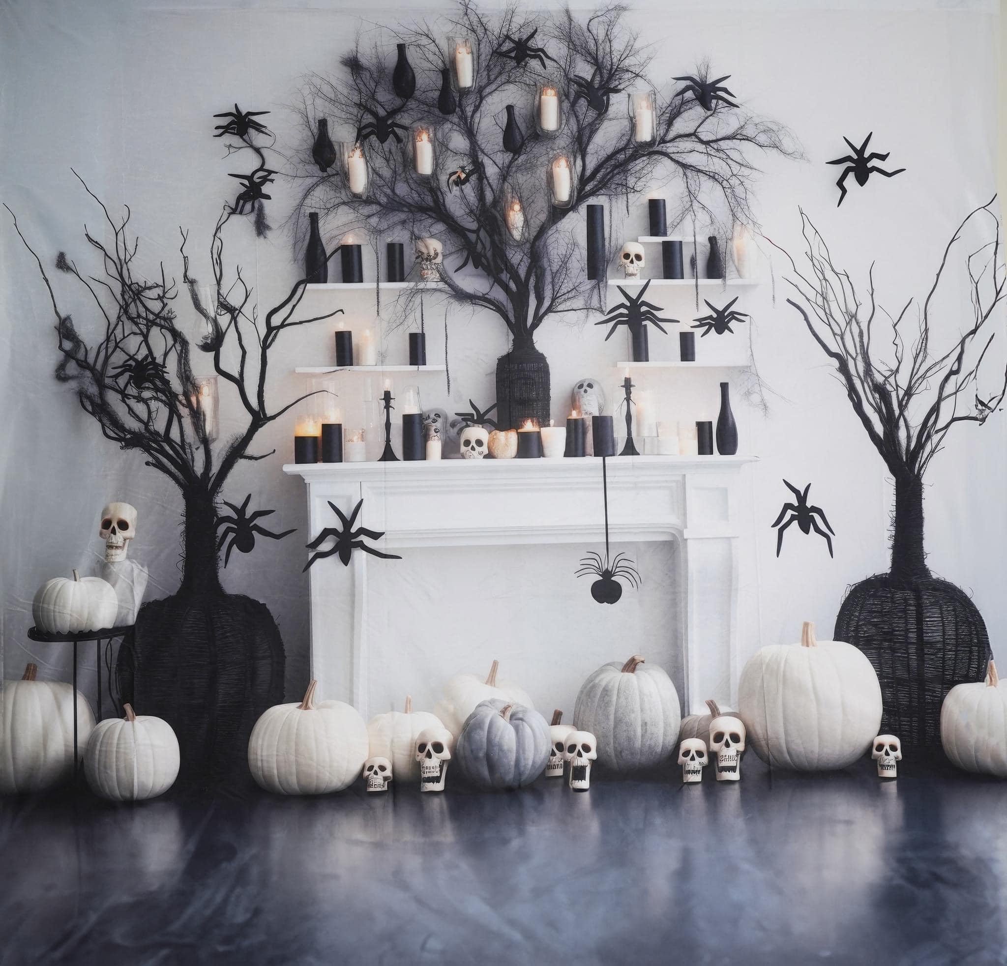 Kate Black & White Halloween Fireplace Backdrop Designed by Lidia Redekopp