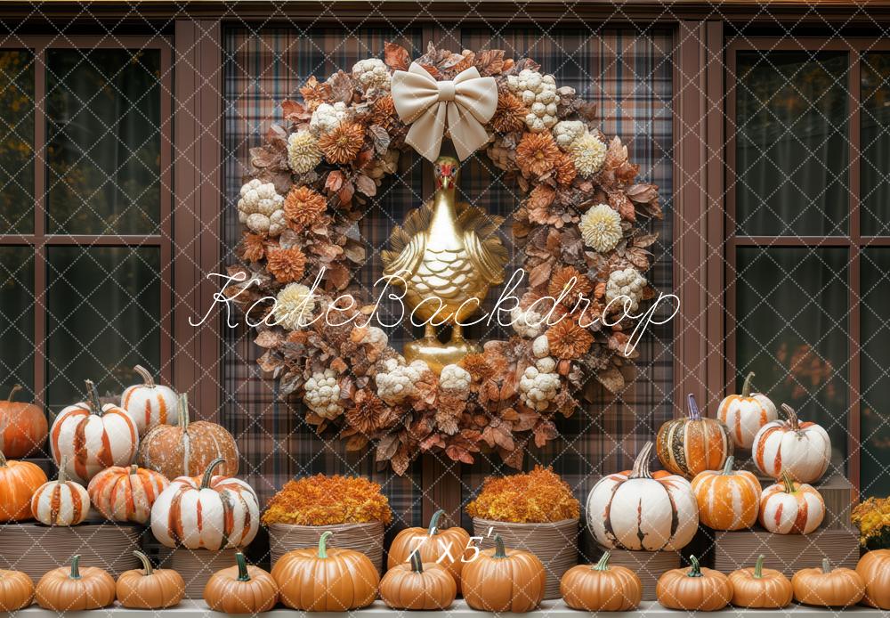 Kate Autumn Wreath Pumpkins Plaid Backdrop Designed by Mini MakeBelieve - Kate Backdrop AU