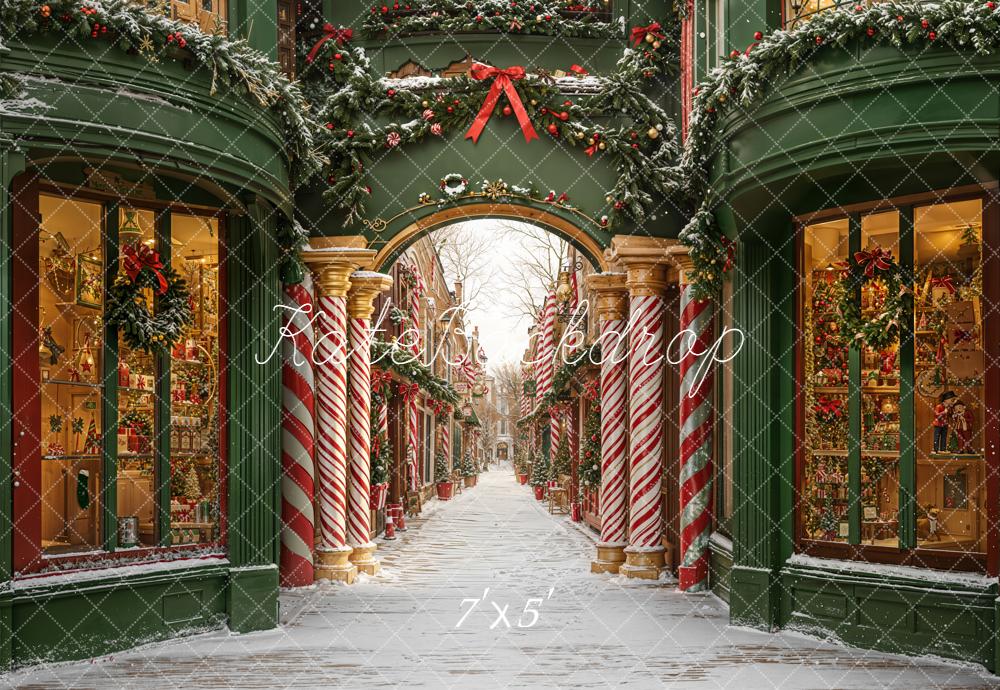 Kate Christmas Candy Cane Archway Snowy Street Backdrop Designed by Emetselch - Kate Backdrop AU