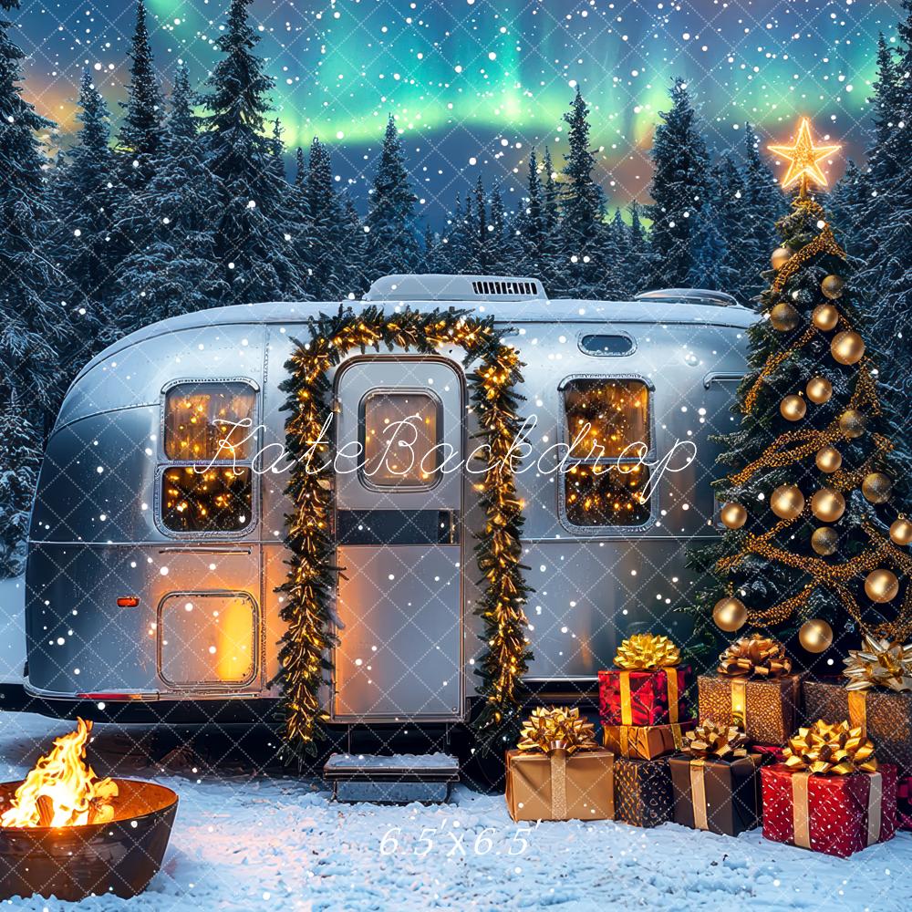 Kate Christmas Caravan Tree Aurora Snow Backdrop Designed by Mini MakeBelieve - Kate Backdrop AU