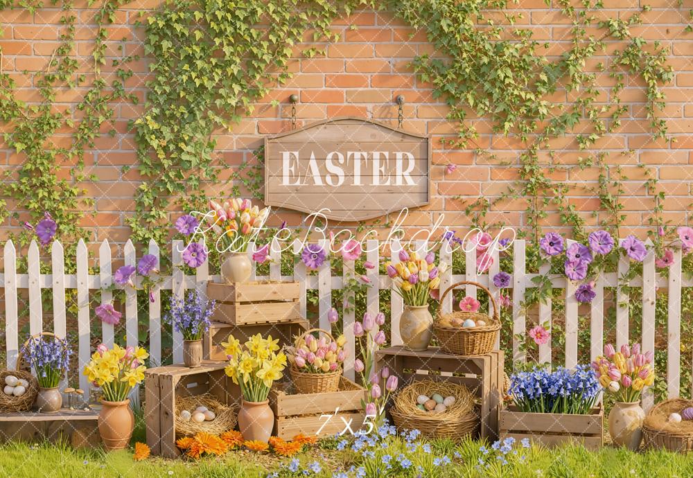 Kate Easter Flowers Eggs Brick Wall Backdrop Designed by Emetselch