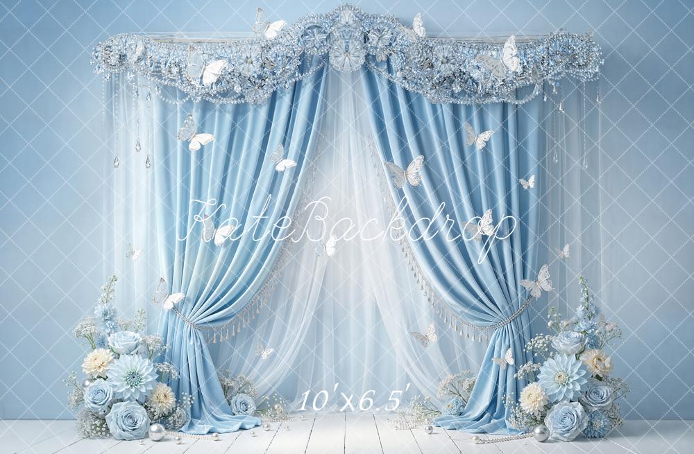 Kate Blue Curtain Floral Butterfly Elegant Backdrop Designed by Emetselch
