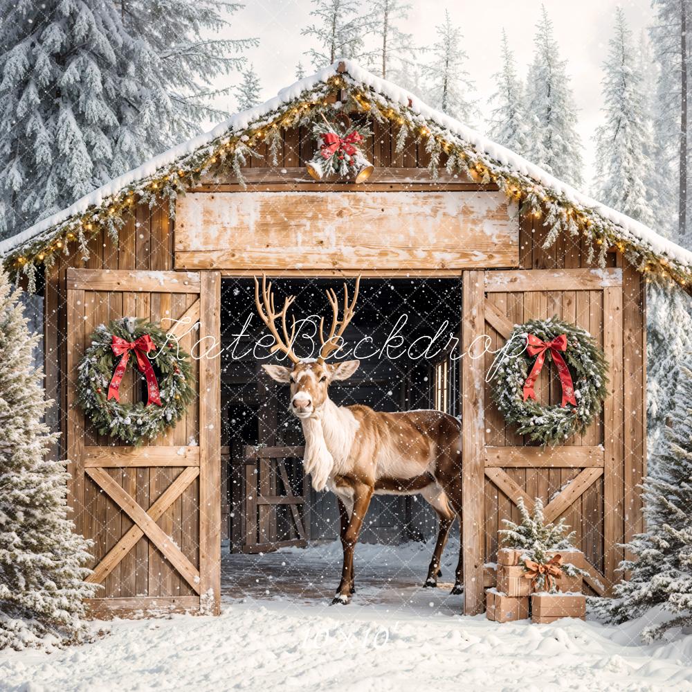 Kate Christmas Reindeer Wooden Barn Snow Trees Backdrop Designed by Emetselch