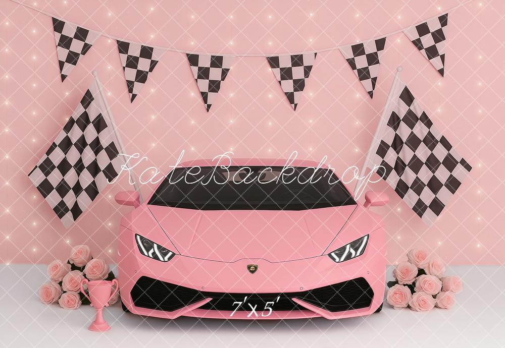 Kate Pink Race Car Checkered Flags Roses Backdrop Designed by Ashley Paul
