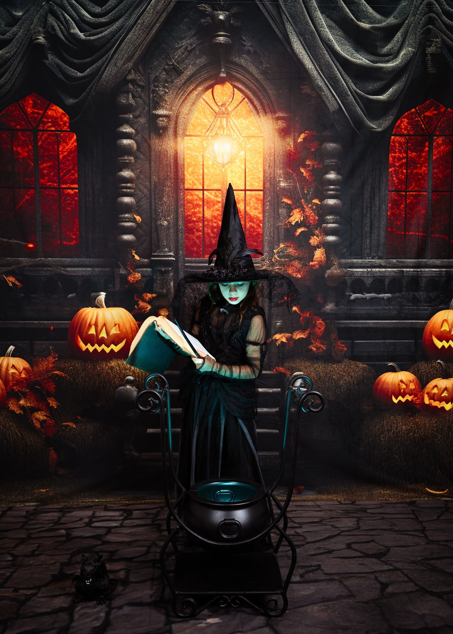 Kate Halloween Sunset Spooky Pumpkin House Backdrop for Photography - Kate Backdrop AU