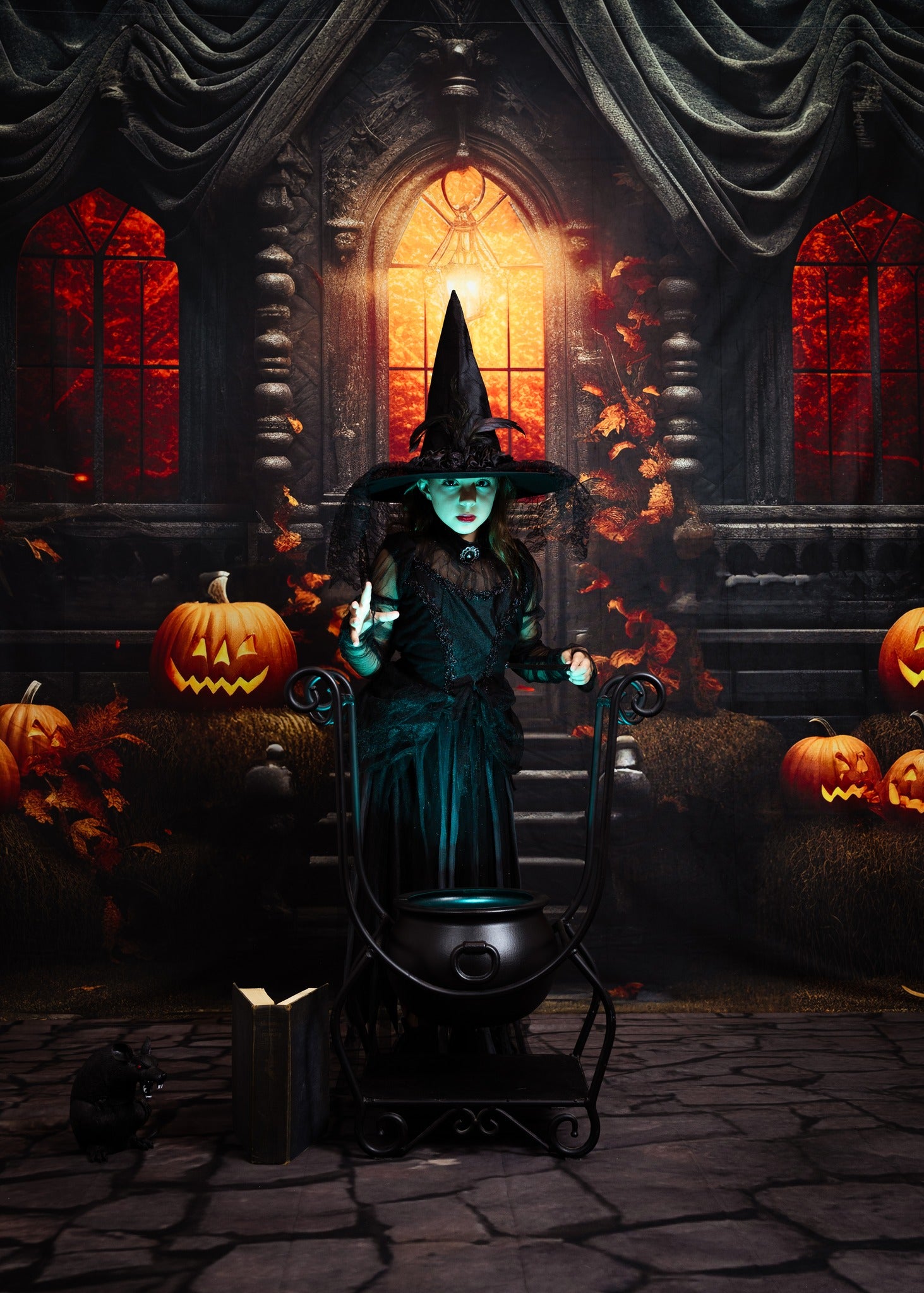Kate Halloween Sunset Spooky Pumpkin House Backdrop for Photography - Kate Backdrop AU