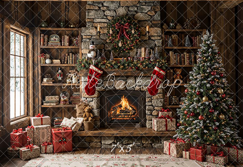 Kate Christmas Stone Fireplace Bookshelves Backdrop Designed by Emetselch - Kate Backdrop AU