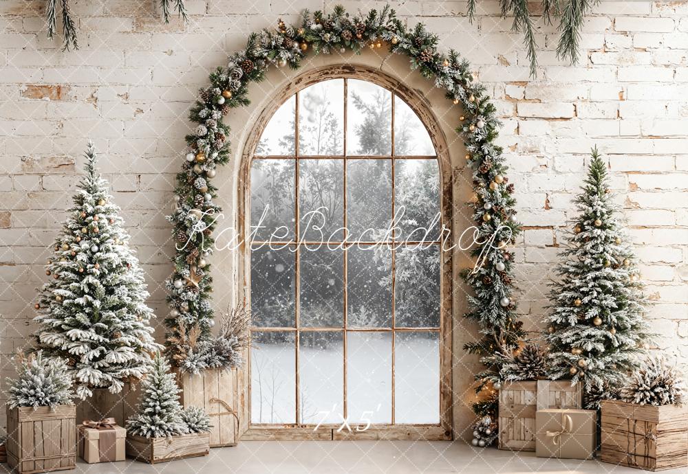Kate Christmas Window Arch Snowy Trees Backdrop Designed by Emetselch - Kate Backdrop AU