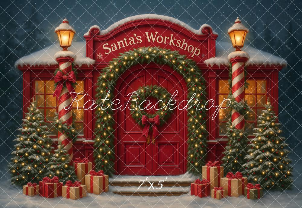 Kate Christmas Santa's Workshop Red Door Backdrop Designed by Ashley Paul