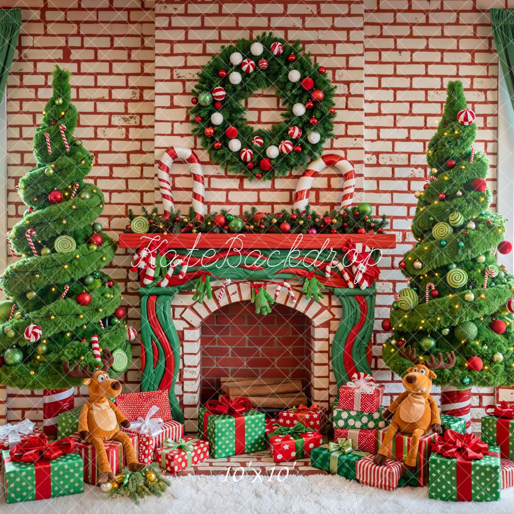 Kate Christmas Fireplace Candy Cane Trees Backdrop Designed by Emetselch