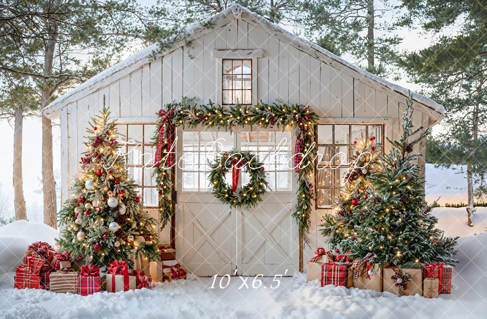 Kate Christmas Cabin Wreath Trees Fleece Backdrop Designed by Emetselch - Kate Backdrop AU