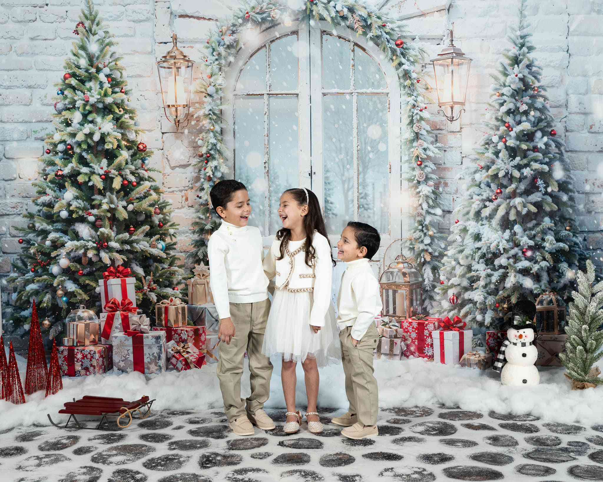 Kate Christmas Snow Tree Door Backdrop+Kate Cobblestone Winter Snow Christmas Floor Backdrop