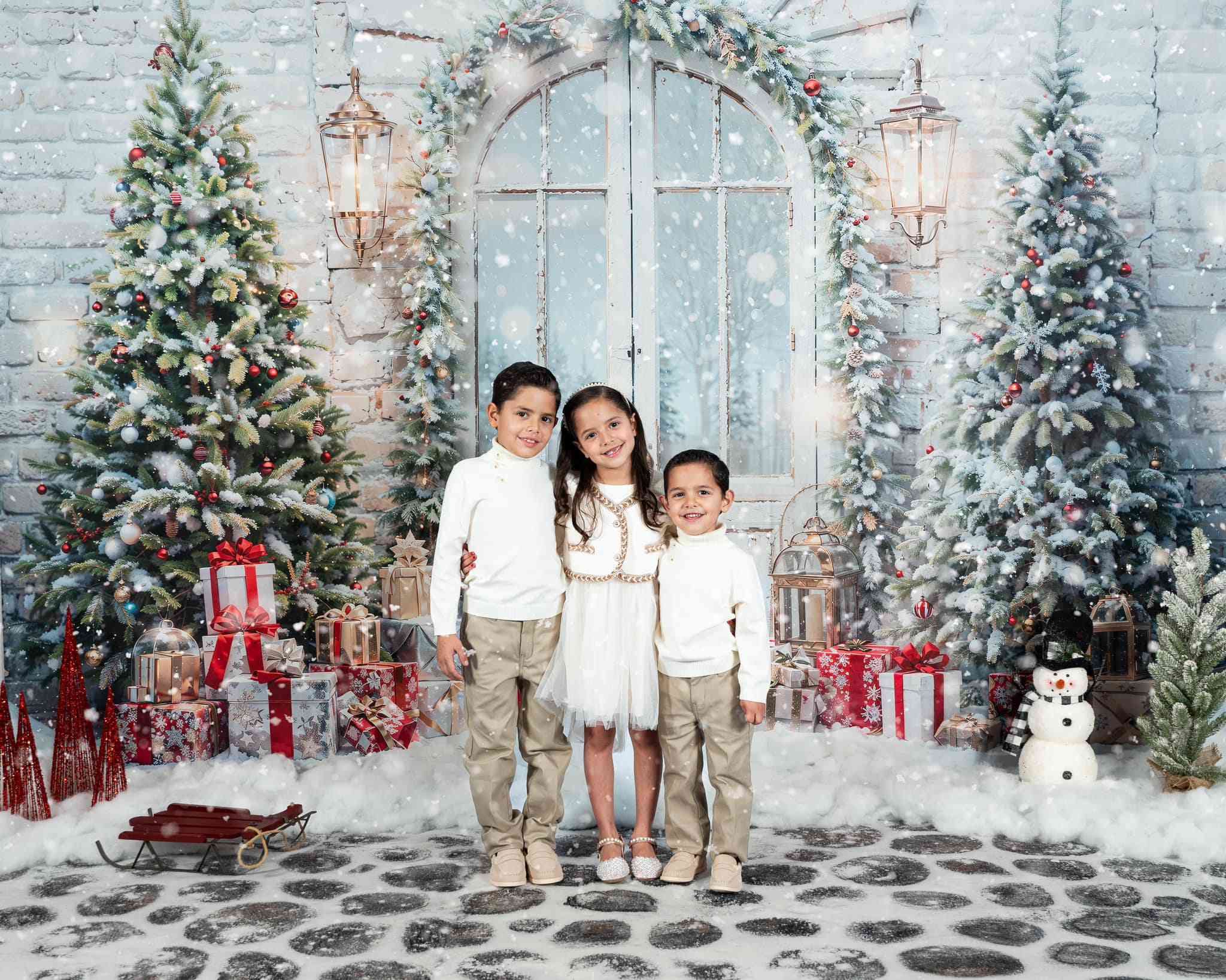Kate Christmas Snow Tree Door Backdrop+Kate Cobblestone Winter Snow Christmas Floor Backdrop - Kate Backdrop AU