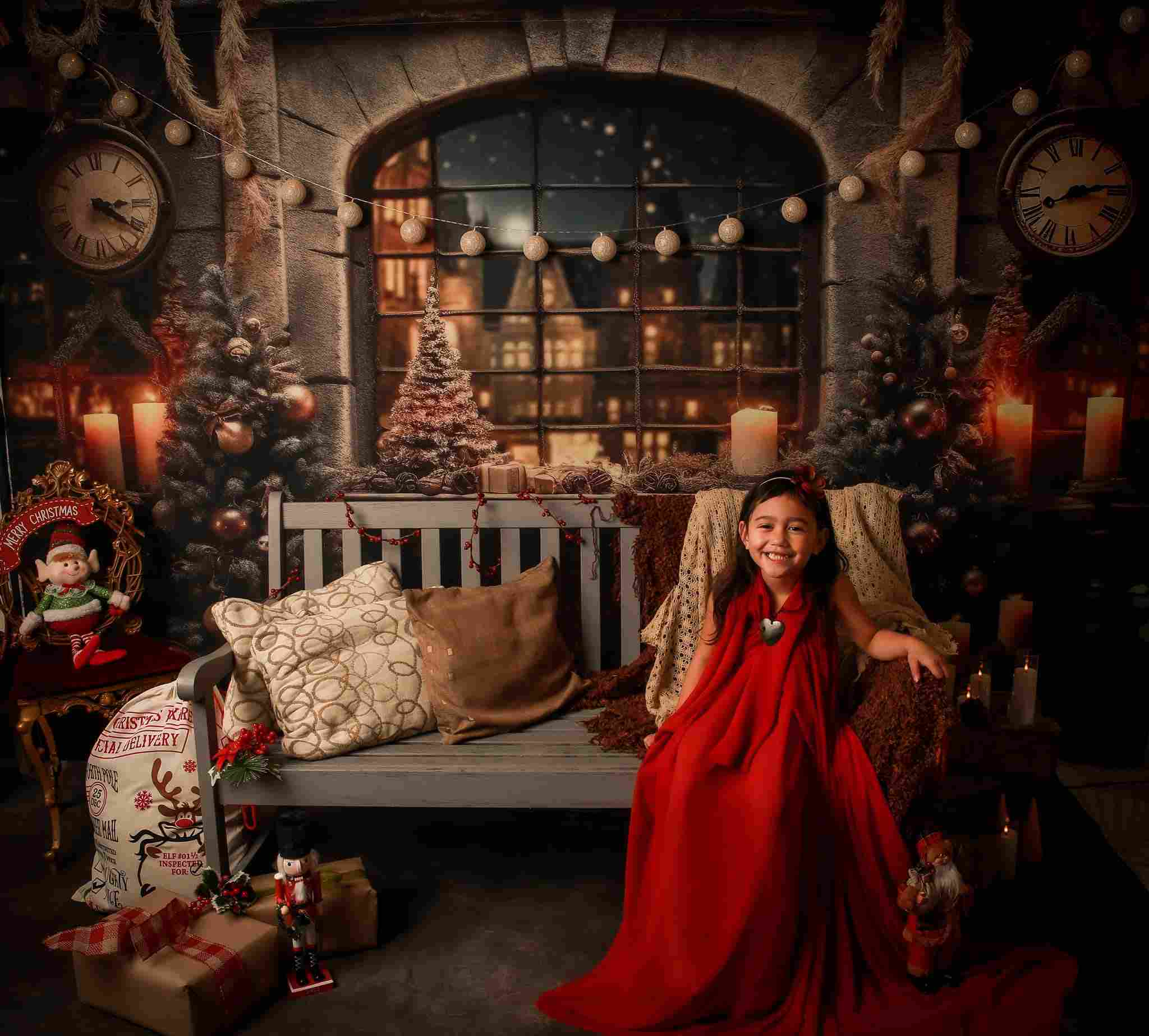 Kate Winter Christmas Tree Window Backdrop Wall Clock for Photography - Kate Backdrop AU