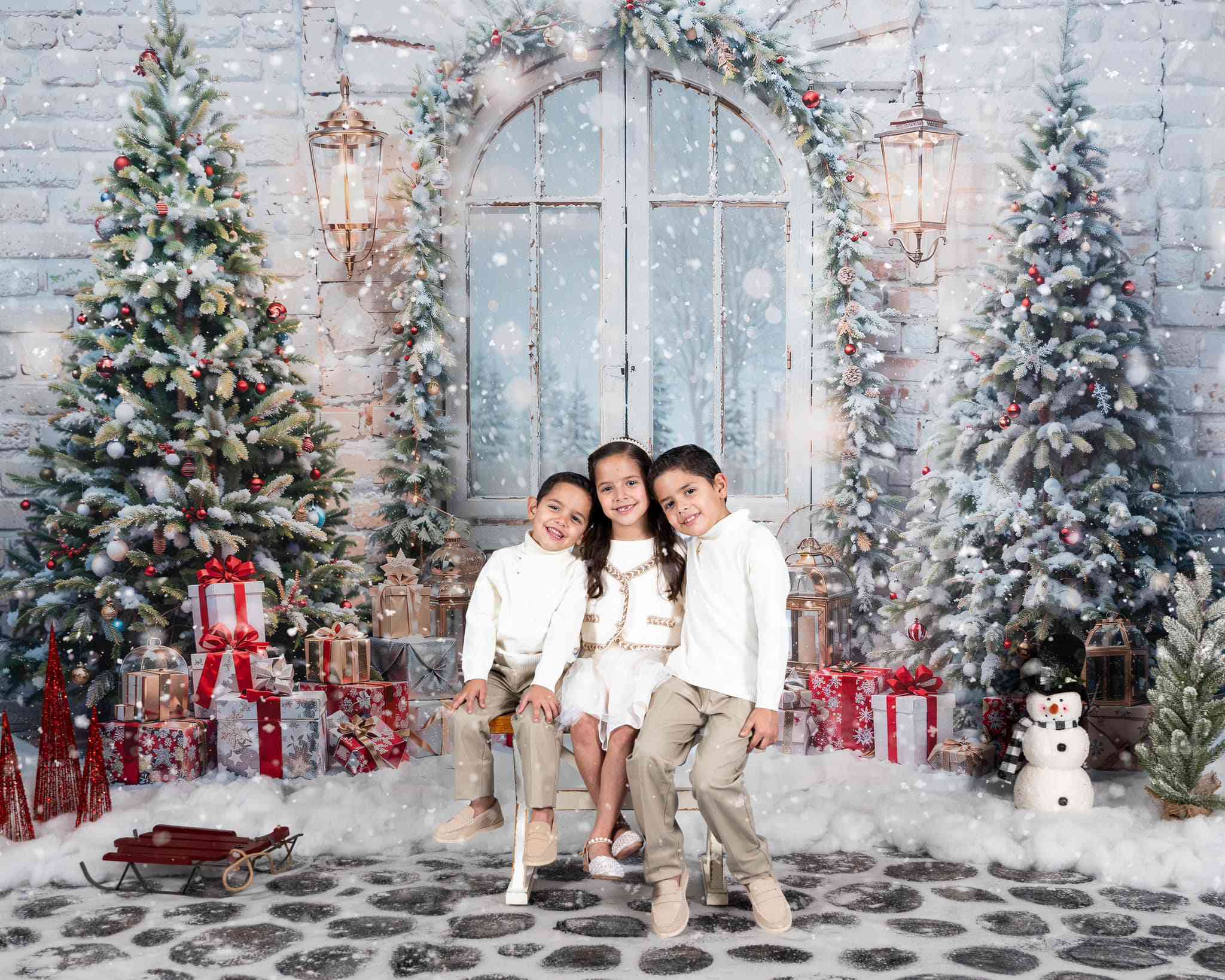 Kate Christmas Snow Tree Door Backdrop+Kate Cobblestone Winter Snow Christmas Floor Backdrop - Kate Backdrop AU