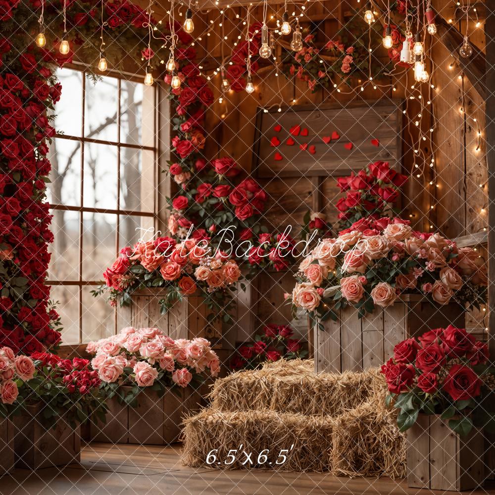 Kate Rustic Barn Red Roses Hay Bales Backdrop Designed by Emetselch