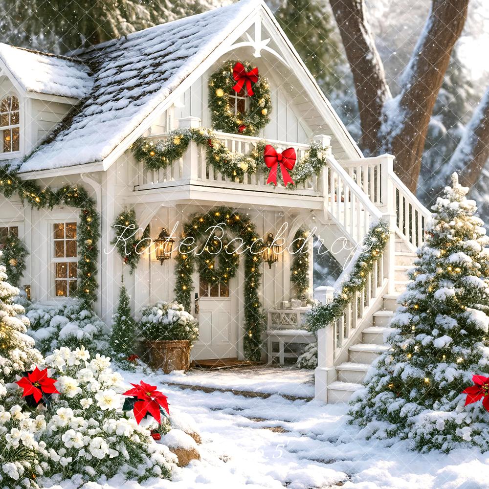 Kate Christmas Snow Cottage Garland Trees Backdrop Designed by Mini MakeBelieve - Kate Backdrop AU