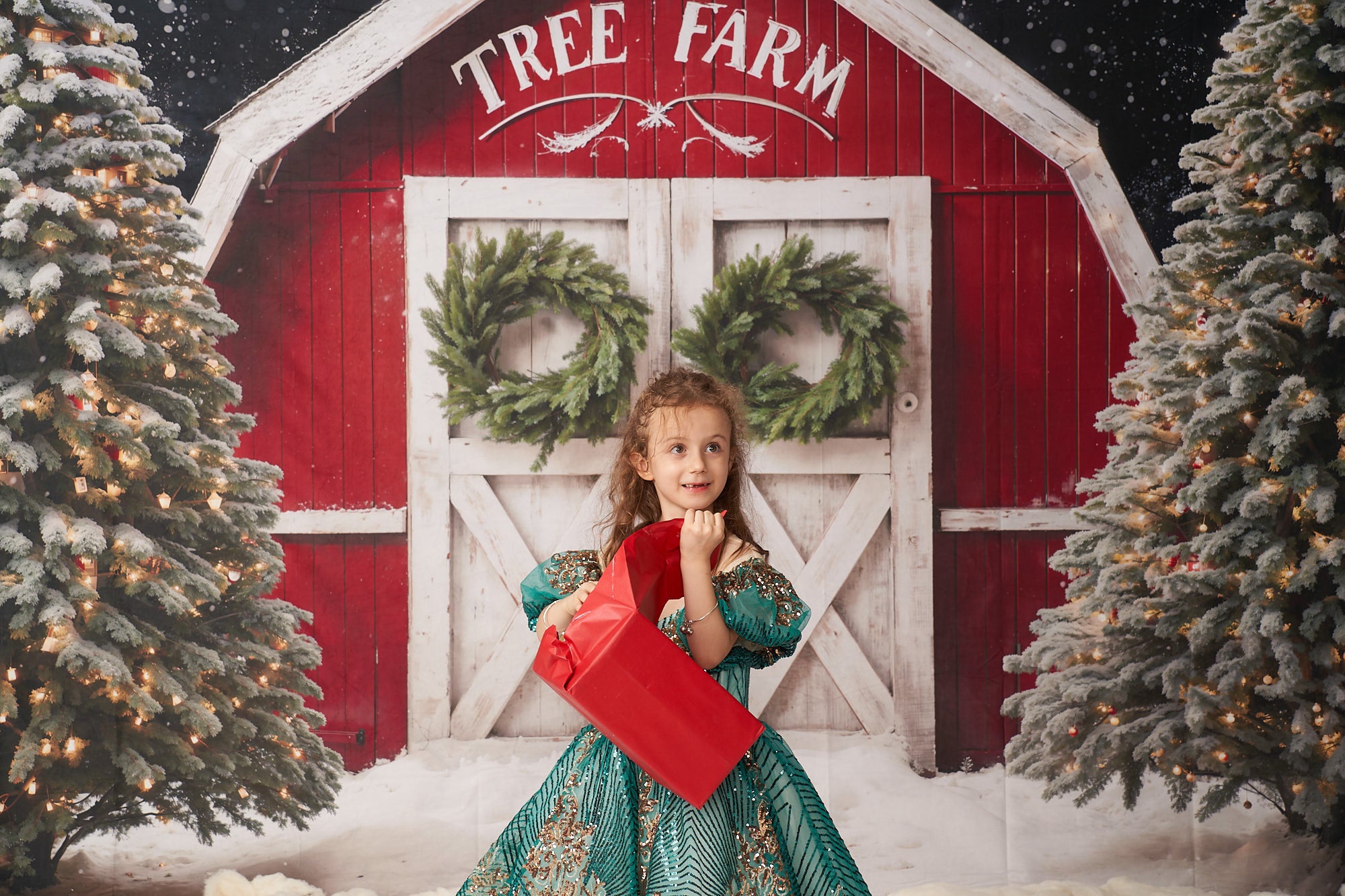Kate Winter Christmas Tree Farm Backdrop Red Barn Designed by Chain Photography