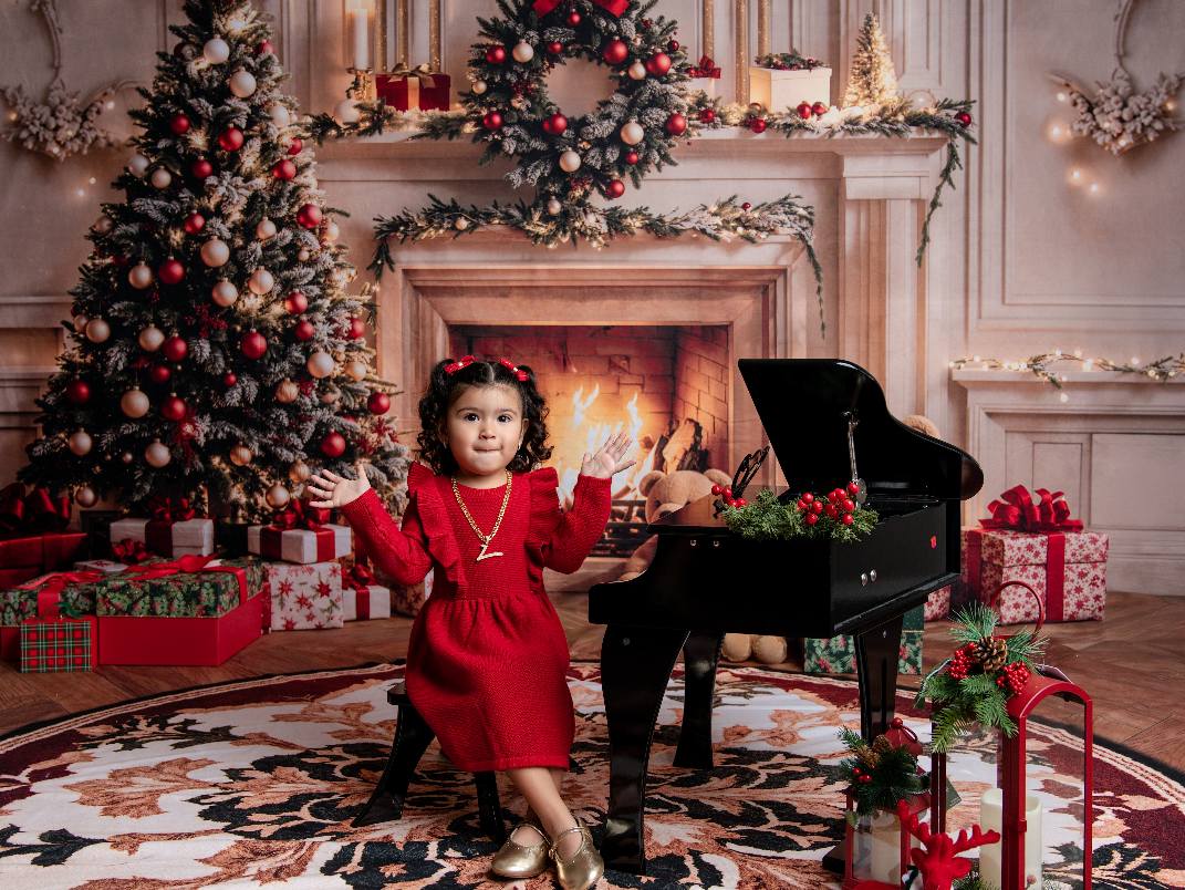 Kate Christmas Tree Fireplace Flame Backdrop+Retro Circular Pattern Floor Backdrop - Kate Backdrop AU