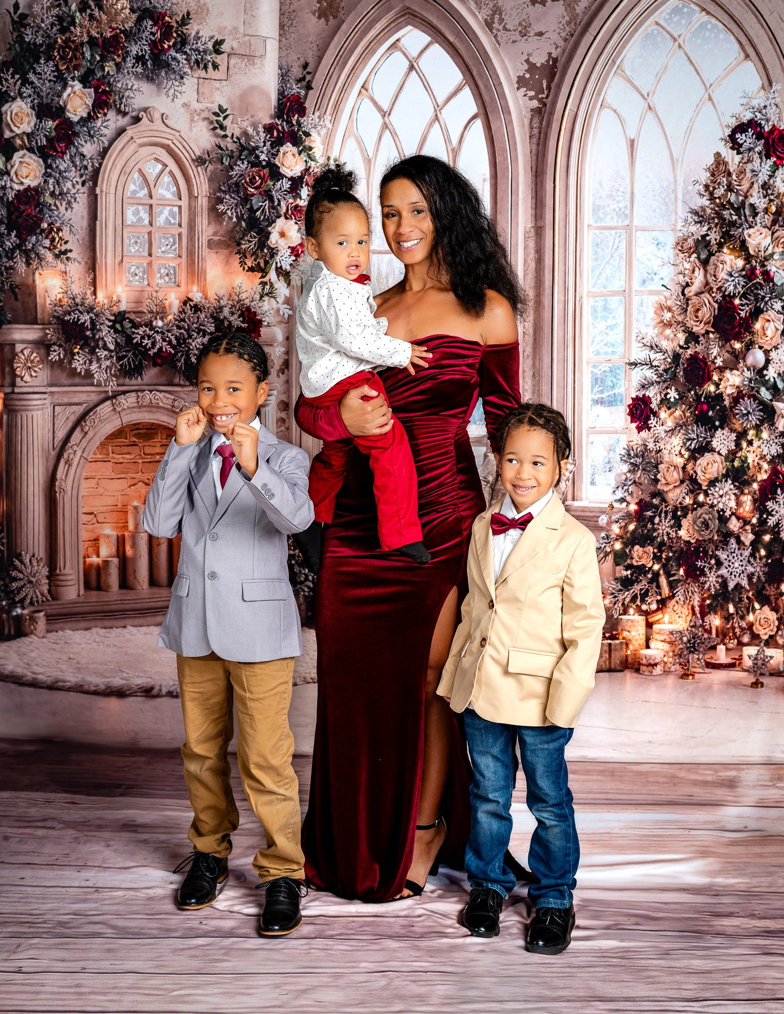 Kate Christmas Fireplace Floral Arched Windows Backdrop Designed by Emetselch