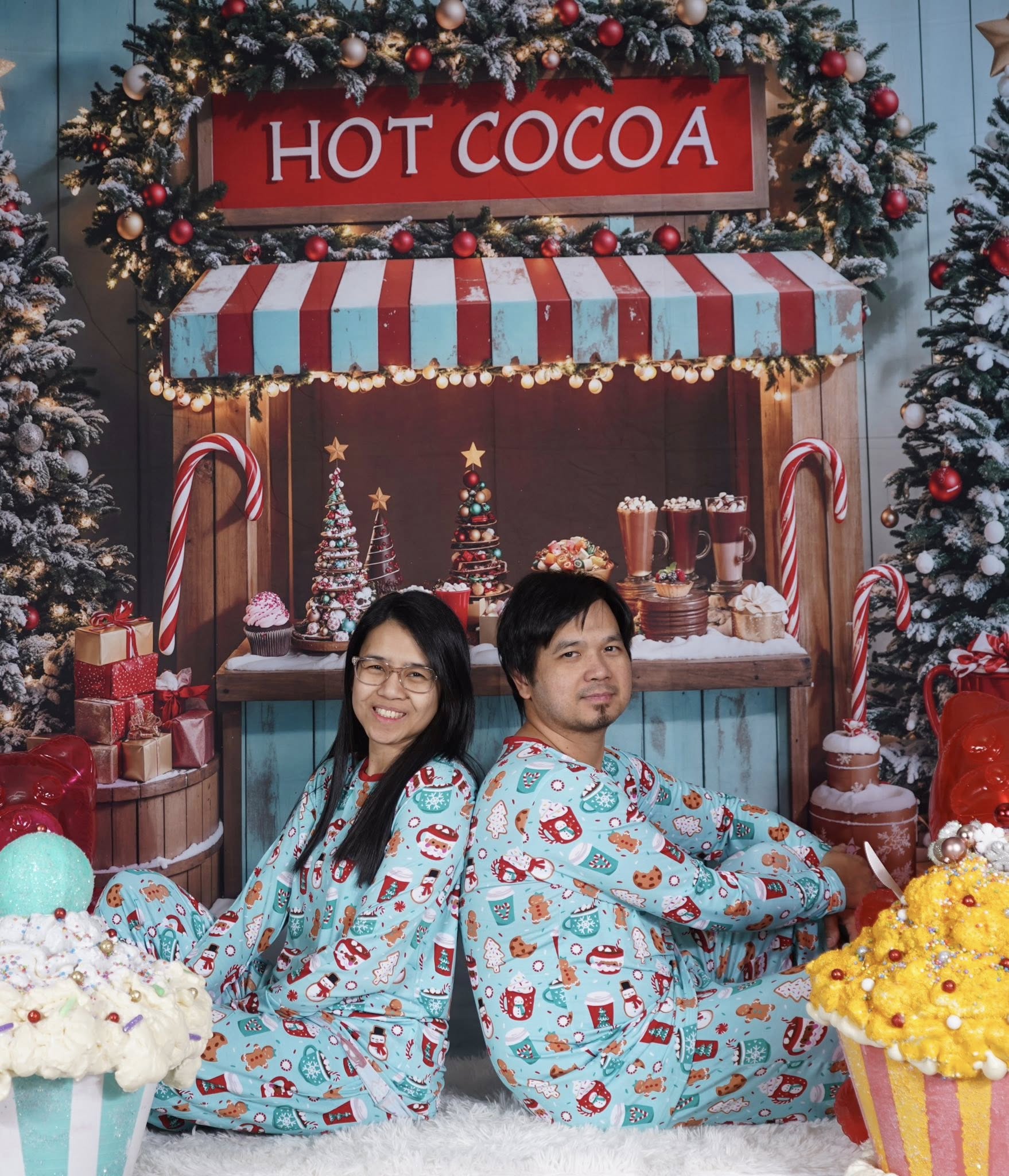 Kate Christmas Hot Cocoa Stand Snowy Trees Backdrop Designed by Emetselch