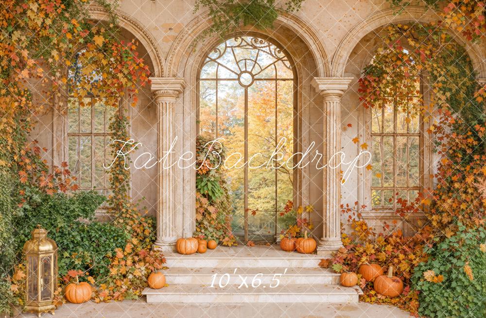 Kate Autumn Pumpkins Ivy Stone Arch Fleece Backdrop Designed by Emetselch