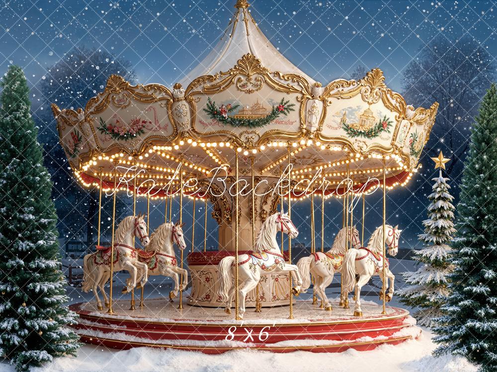 Kate Carousel Christmas Snowy Forest Fleece Backdrop Designed by Emetselch