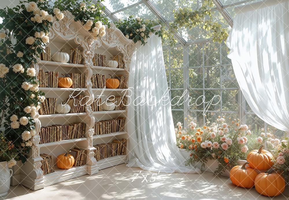 Kate Autumn Bookshelf Pumpkins Backdrop Designed by Mini MakeBelieve