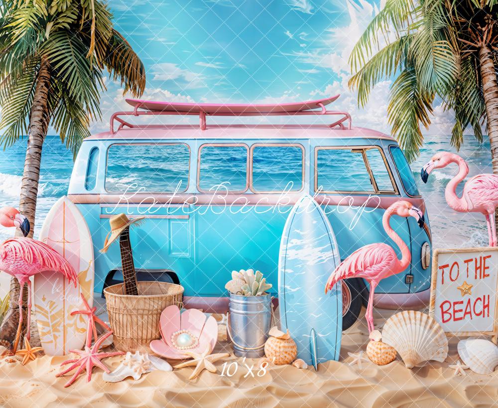 Kate Summer Beach Van Flamingos Surfboards Backdrop Designed by Emetselch