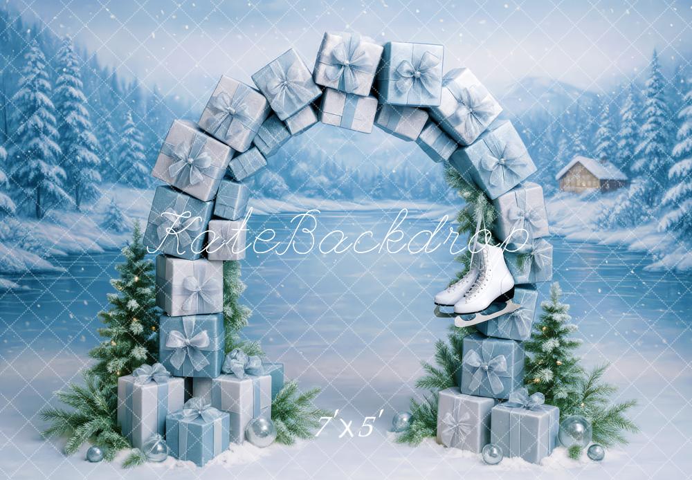 Kate Christmas Gift Arch Ice Skates Snowy Backdrop Designed by Patty Roberts - Kate Backdrop AU