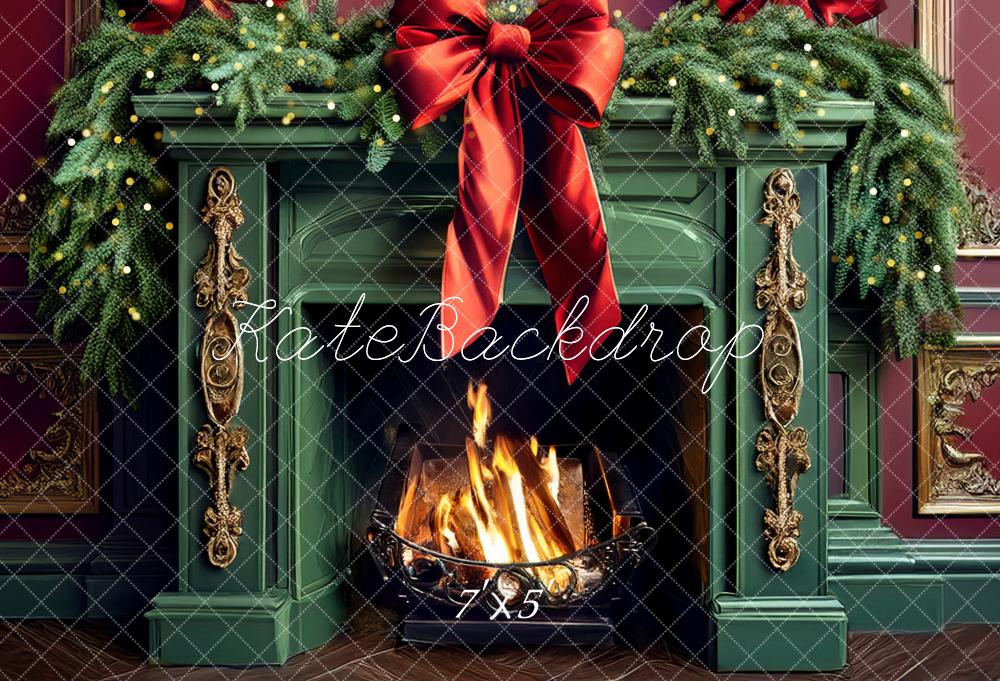 Kate Christmas Green Fireplace Backdrop Designed by Mandy Ringe