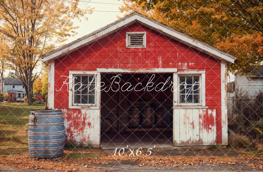 Kate Autumn Red Shed Weathered Barrel Backdrop Designed by Emetselch - Kate Backdrop AU