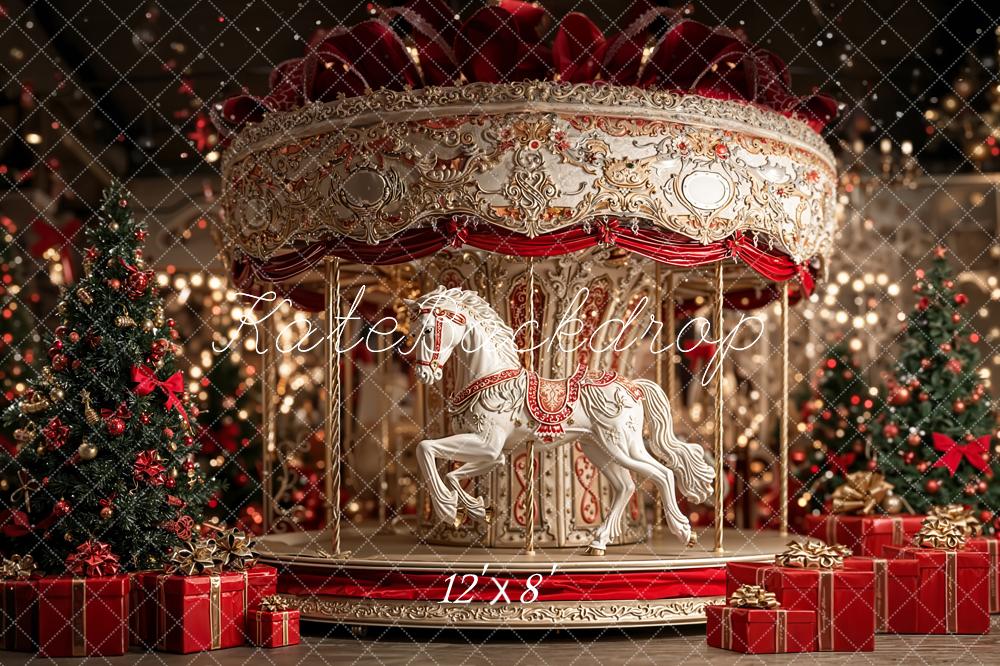 Kate Carousel Christmas Tree Presents Fleece Backdrop Designed by Emetselch