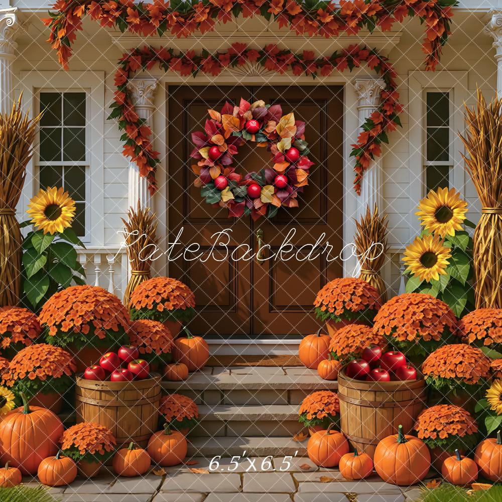 Kate Fall Porch Sunflowers Pumpkins Backdrop Designed by Mini MakeBelieve - Kate Backdrop AU