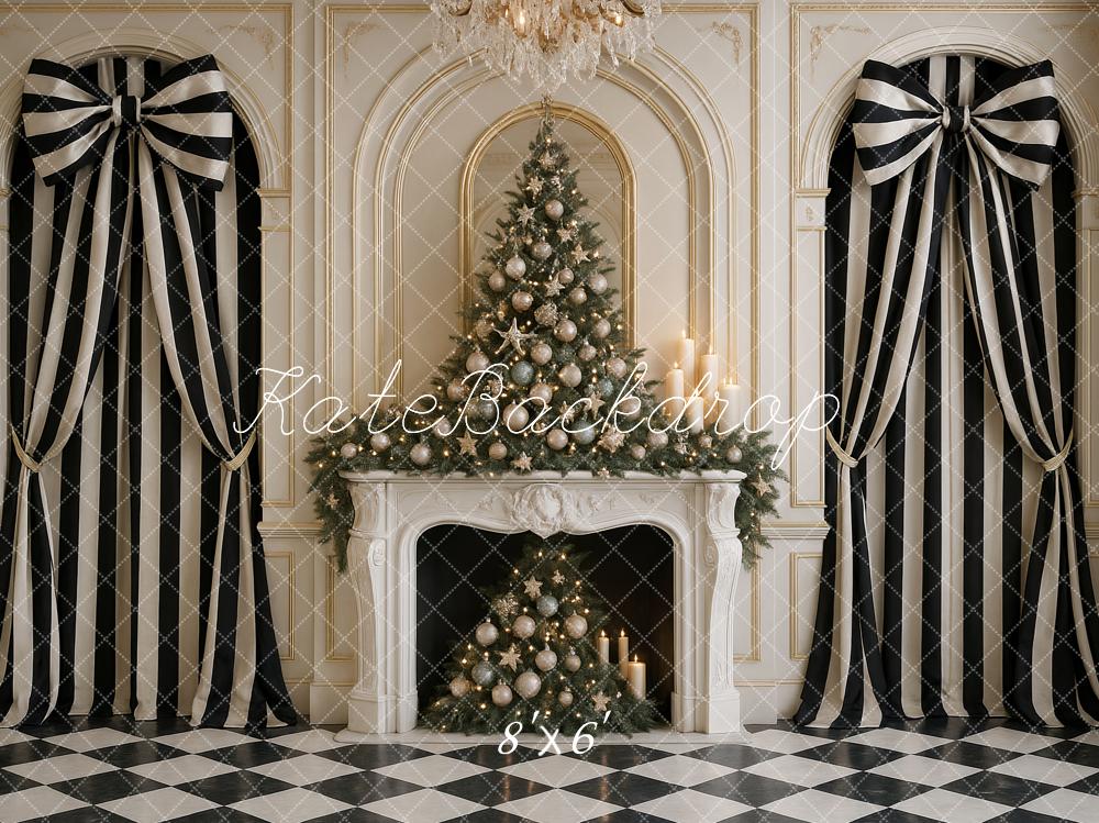 Kate Christmas Tree Fireplace Striped Curtains Backdrop Designed by Ashley Paul - Kate Backdrop AU