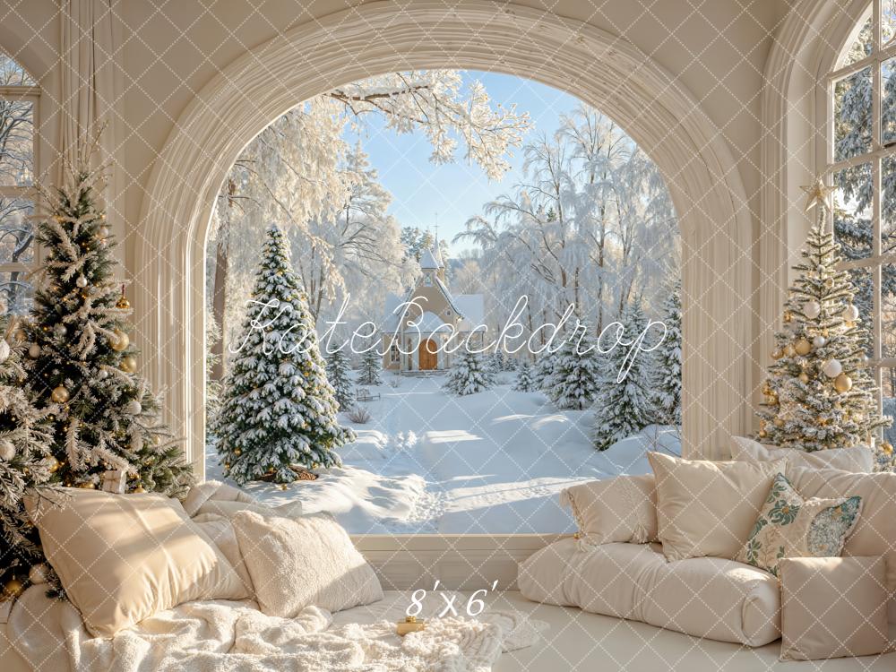 Kate Christmas Snowy Trees Arched Window Backdrop Designed by Emetselch - Kate Backdrop AU