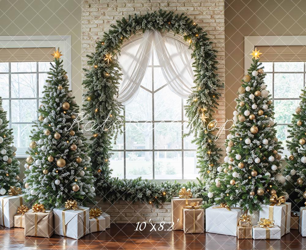 Kate Christmas Trees Garland Window Presents Backdrop Designed by Mini MakeBelieve