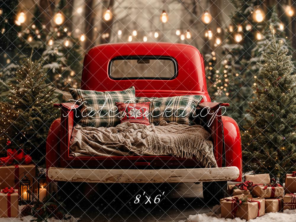 Kate Christmas Red Truck Pine Trees Fleece Backdrop Designed by Chain