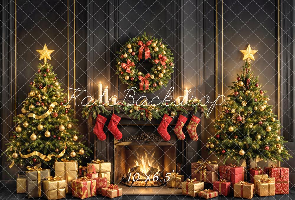 Kate Christmas Fireplace Trees Wreath Fleece Backdrop Designed by Emetselch - Kate Backdrop AU