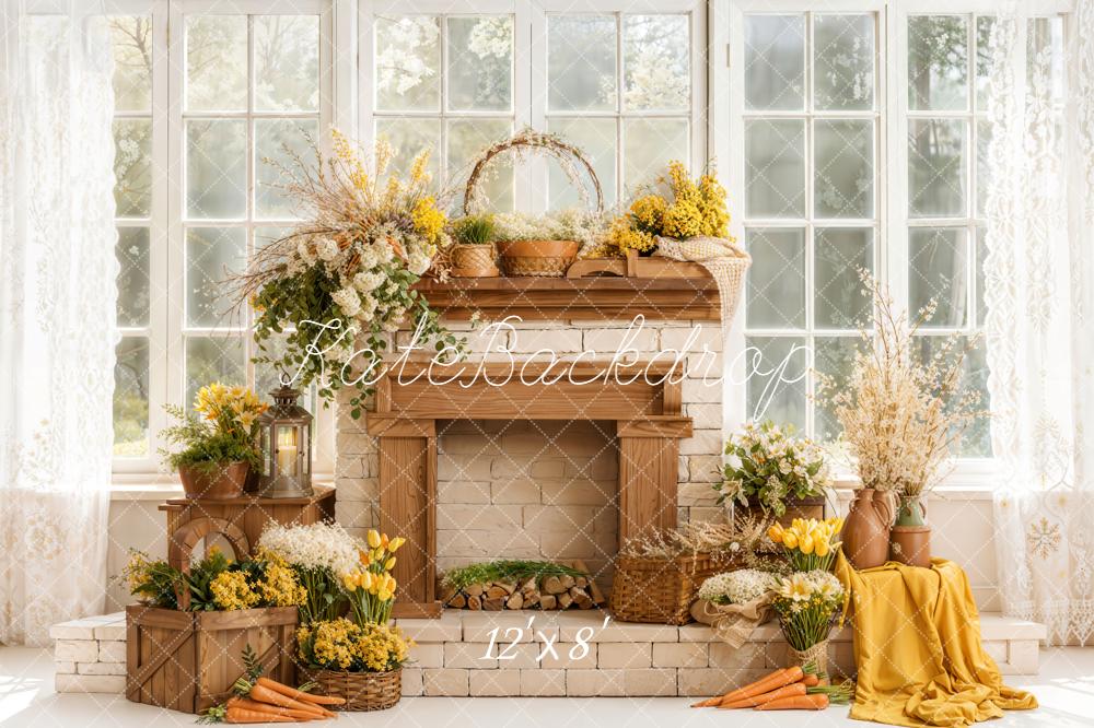Kate Spring Flowers Rustic Fireplace Fleece Backdrop Designed by Emetselch