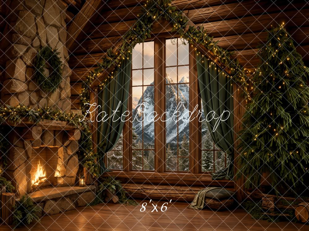 Kate Christmas Cabin Fireplace Mountain Fleece Backdrop Designed by Chain