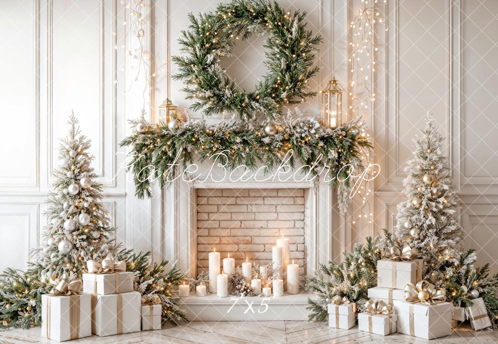 Kate Christmas Fireplace Wreath Trees Backdrop Designed by Emetselch