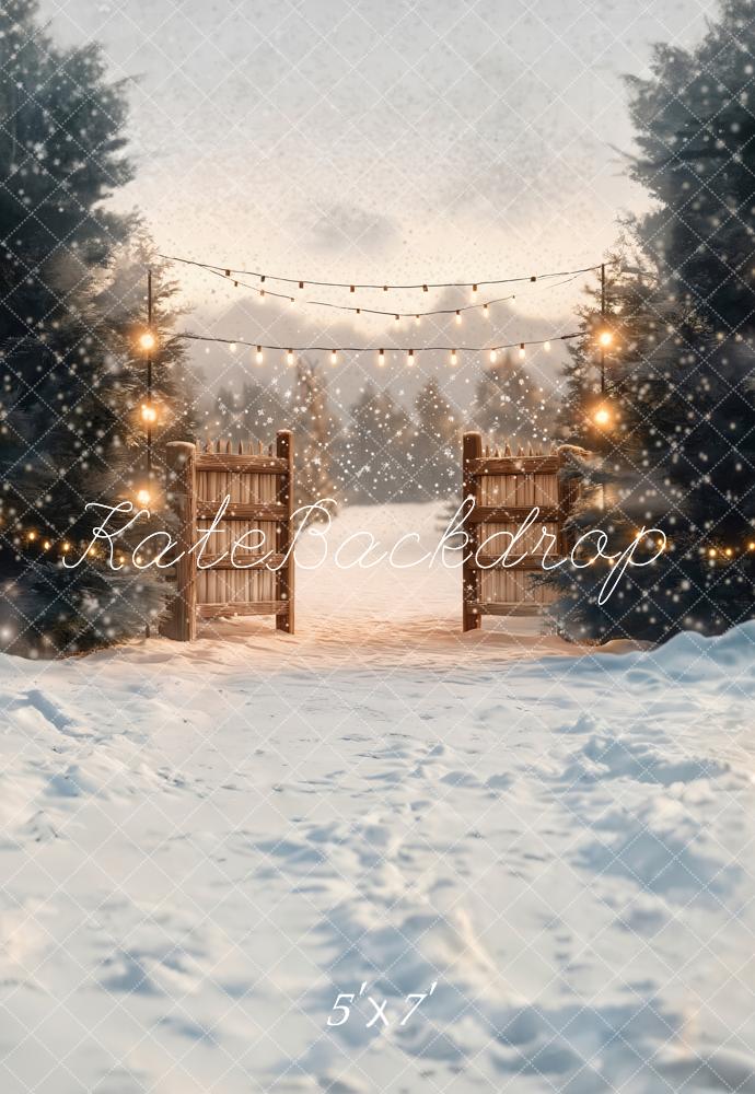 Kate Winter Snow Gate Pine Trees Lights Backdrop Designed by Chain - Kate Backdrop AU